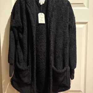 Hippie Rose Women's XS Black Plush Open Front Cardigan with Pockets